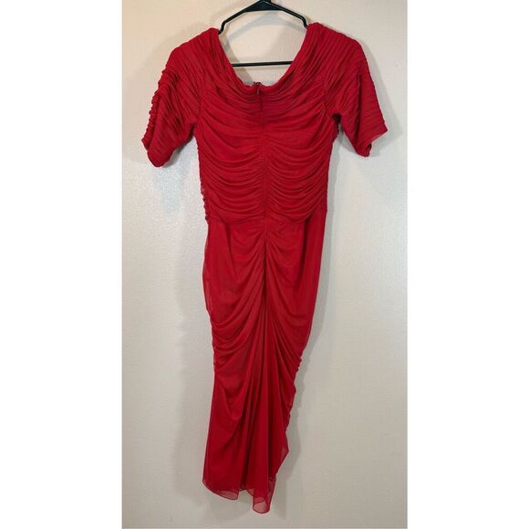 Tadashi Shoji Red Asymmetrical Ruched Mesh Draped Dress Women's XS - Picture 3 of 10